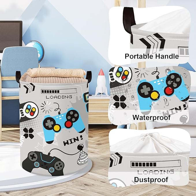 Clastyle Cool Game Storage Basket Kid Game Controller Clothes Laundry Hamper Collapsible Boy Toy Box for Nursery Palyroom,Gray,36 * 45 cm