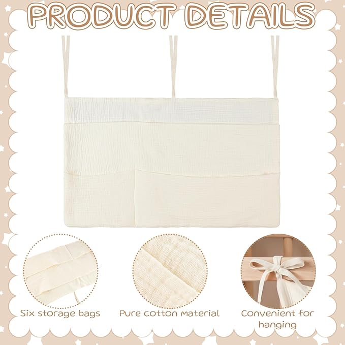 Cotton Baby Bedside Hanging Storage Bag 6 Pockets Bedside Caddy Organizer for Baby Cribs and Toys Milk Bottle Nursery Hanging Organizers, Beige