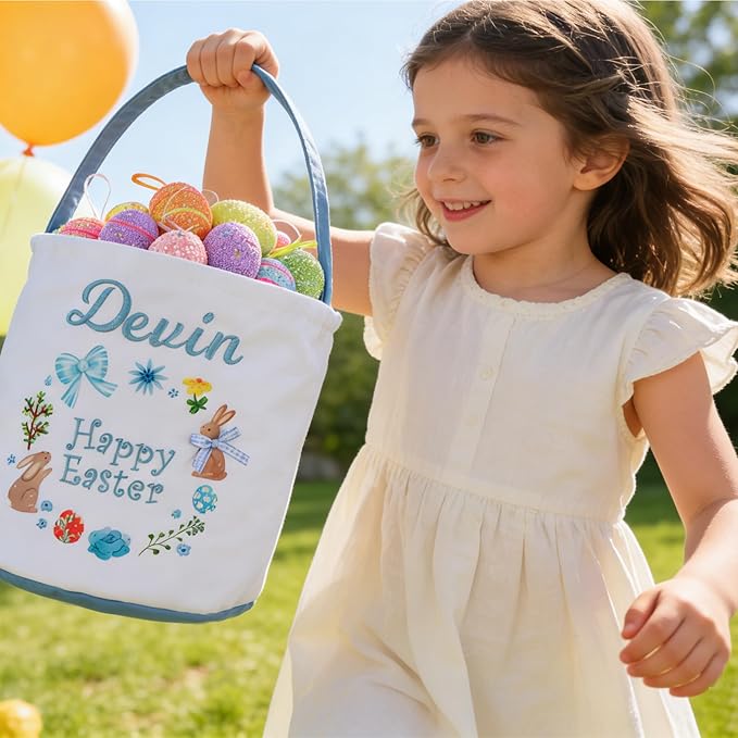 MT WORLD Toddler Easter Basket Personalized Easter Egg Bucket for Kids with Embroidered Name Blue Bunny Bucket Custom Candy Tote Bag for Baby Girls Candy Gifts Bucket
