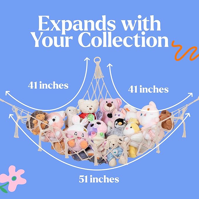 Lilly's Love Stuffed Animal Storage Macrame Hammock w/String Lights - Large, 2 Pack - Boho Decor Toy Storage - Corner Hanging Plushie Stuffed Animal Net Organizer (White)