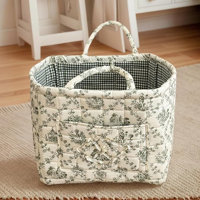 JQWYGB Foldable Laundry Basket Boho Bear Storage Basket Floral Quilted Fabric Car Storage Basket Handles Large Laundry Baskets for Clothes and Dolls