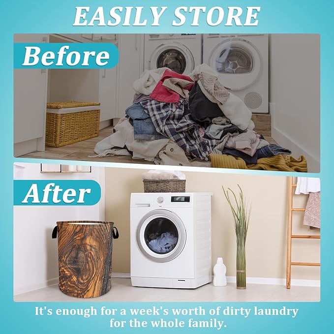 Wood Grain Laundry Basket, Tree Stump Texture Laundry Hamper Funny Tote Bag Dirty Clothes Storage Bucket Toy Organizer for Bathroom/Laundry/Bedroom 15.7"x19.6"