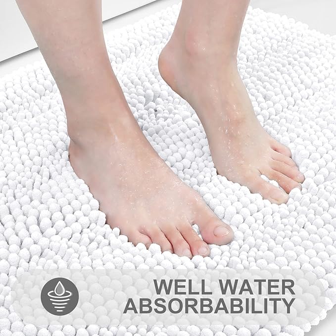 Grandaily Chenille Striped Bathroom Rugs 40x32, Extra Thick and Absorbent Bath Mats, Non-Slip Soft Plush Shaggy Shower Carpet, Machine Wash Dry, Bath Rug for Bathroom, White