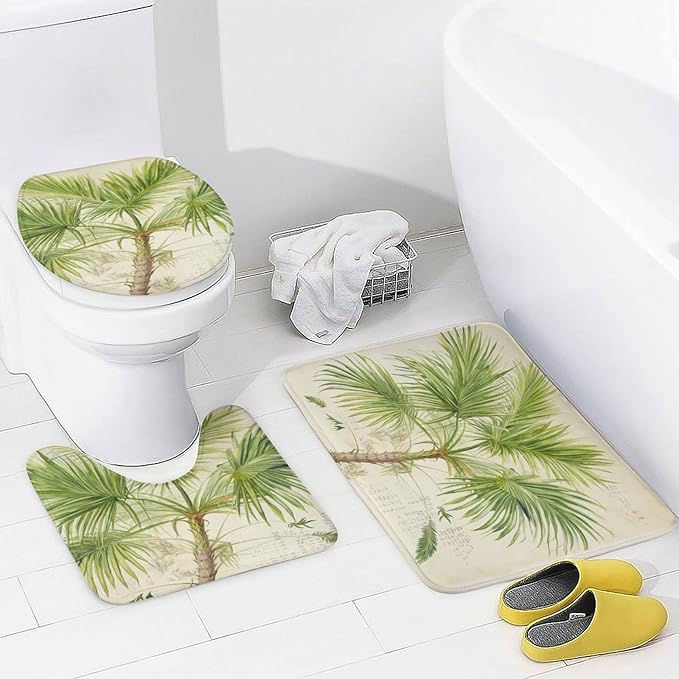 Green Palm Tree 4 Piece Shower Curtain Sets with Rugs Include Waterproof Shower Curtain Non-Slip Rug Toilet Lid Cover Bath Mat Coconut Palm Tree Nature Paradise Plants Waterproof Bath Curtain