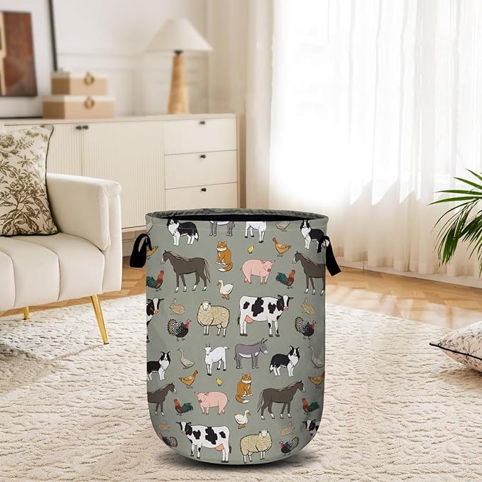 Funny Farm Animal Laundry Basket, Laundry Hamper Collapsible Oxford Cloth with Handle Clothes Toy Storage Bin for Bathroom Laundry Room Bedroom 15.7 X 20 Inch