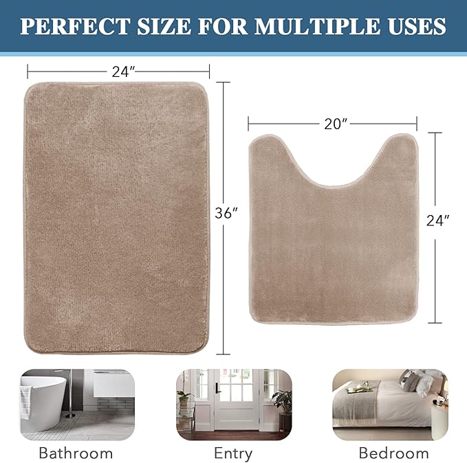 H.VERSAILTEX Bath Mat Memory Foam Set Bathroom Rug Set Flannel Velvety Bath Mat Luxury Extra Soft and Absorbent Non Slip Rugs for Bathroom/Bedroom Washable(Curved Set 24"x 36" Plus 20"x 24"U, Taupe)