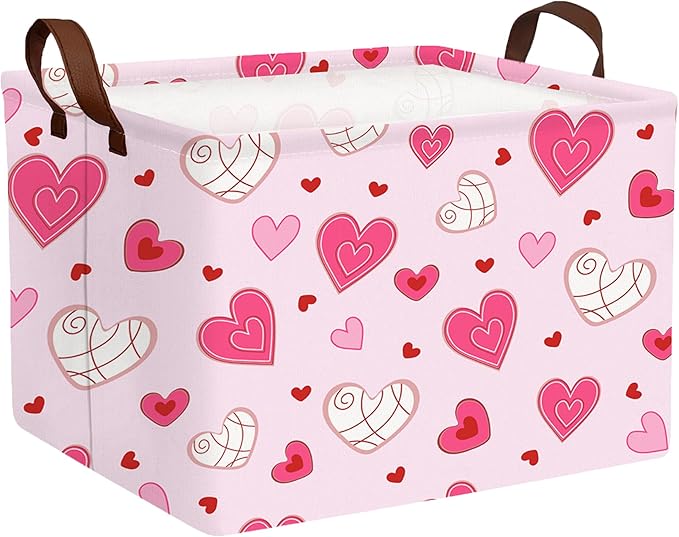 Large Valentine's Day Basket Heart Shaped Storage Bin for Gifts Collapsible Organizer Room Decor (Pink Bottom Lines White Love)