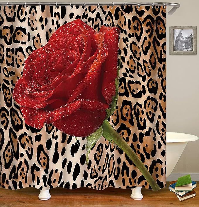4PCS/Set Sexy Brown Leopard Shower curtain, Romantic Dewy Rose Panthera Cheetah Safari Wildlife African Wild Animal Skin Pattern Bathroom Decor, Non-slip Bath Rug Toilet Mat Carpet, Red Floral