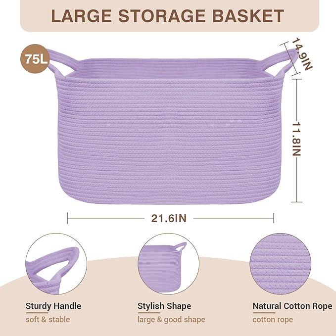 YOUDENOVA Nursery Storage Basket，21.6''×14.9''×11.8'' Rectangle Cotton Rope Blanket Basket, Nursery Laundry Hamper for Organizing，Toy Basket for Living Room, Bedroom