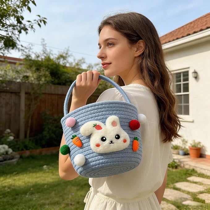 Cute Rabbit Easter Basket, 2026 New Soft & Durable Woven Easter Bunny Basket for Egg Hunt, Personalized Easter Basket with Handle for Boys, Girls, Easter Party Supplies (Blue 7.87 Inches)
