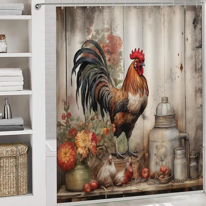 4 Piece Bathroom Rug Set with Shower Curtain Non-Slip Rugs and Toilet Mat Lid Rug Accessories It's Just Chicken Time Waterproof Shower Curtain Chicken Gifts for Bathroom Decor Set
