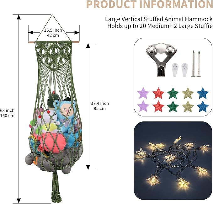 Stuffed Animal Storage, 63'' Jumbo Stuffed Animal Hammock Corner Wall Ceiling Over Door Hanging Toy Hammock Organizer, Avocado Green Toy Net w/ Boho Tassels Star Light for Nursery Boys Girls