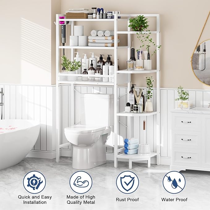 K1 Heavy Duty 7-Tier Over The Toilet Storage（With Basket and Paper Hook）Freestanding Above Toilet Shelf with Adjustable Feet，Space Saver Bathroom Shelves 9.3"D x 33.5"W x 63.8"H，Beige White