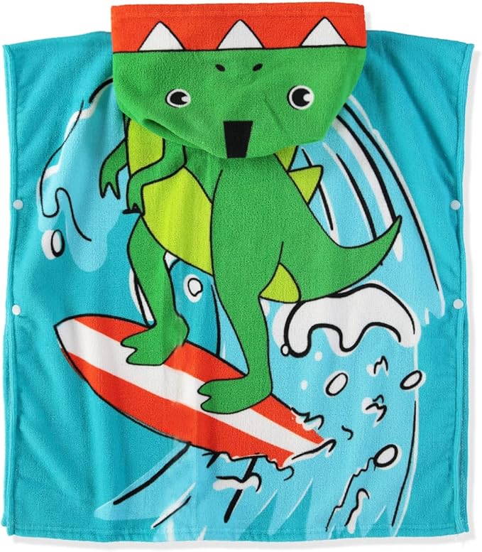 Boys and Girls Absorbent Hooded Beach Towel Pullover Character Microfiber Bath Towel with Side Snaps (Dino, 4-5)