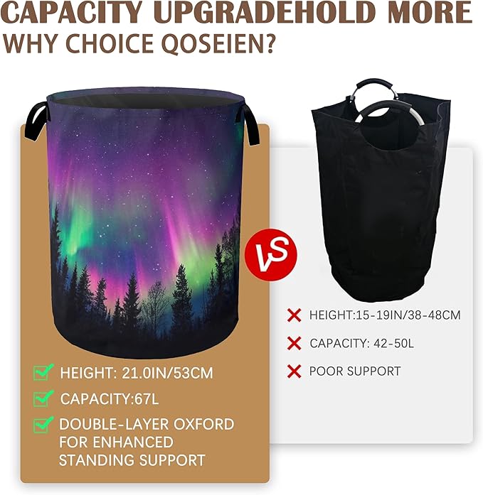 Northern Lights Laundry Hamper,Collapsible Laundry Baskets,Dark Forest Dirty Clothes Baskets with Handles,Oxford Cloth Hamper for Bedroom,Bathroom,College Dorms, 16"x20"