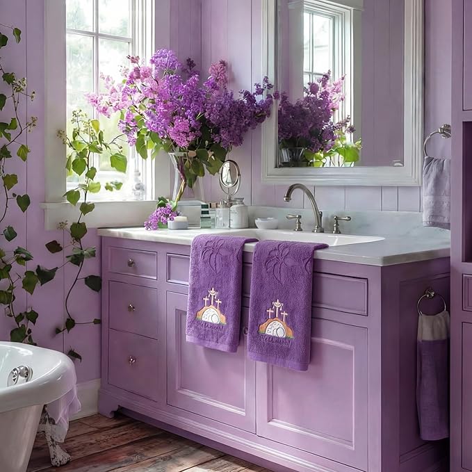 2 Pcs Easter Hand Towels for Bathroom He is Risen Easter Christian Bath Towels Purple 100% Cotton Jacquard Embroidered Decorative Religious Gift Set Kitchen Decor Home Accessories