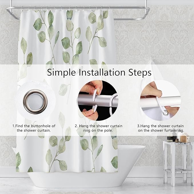 Green Eucalyptus Leaves Bathroom Nature Plants Watercolor Leaf Shower Curtain with Hooks, Polyester Waterproof Fabric Aesthetics Home Decor, 72x72 Inch