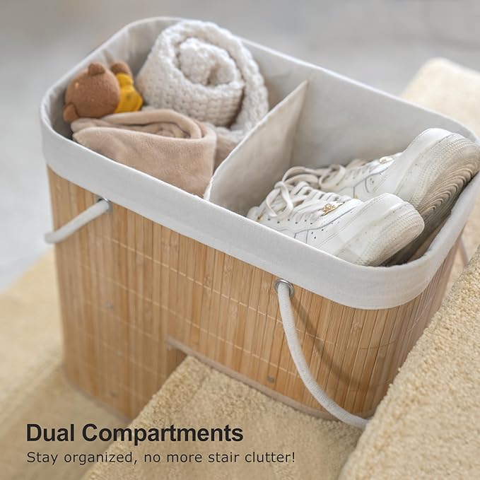 Stair Basket with Lid & Handle – Staircase Storage Basket for Wooden & Carpeted Stairs, Foldable Step Baskets for Stairs, Bamboo Storage Bin Organizer for Toys, shoes & Books (Natural Bamboo)