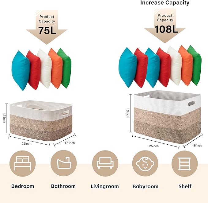 OIAHOMY Large Blanket Basket, 22”x17”x12” Rectangle Woven Baskets, Nursery Blanket Storage Living Room,mall Storage Baskets for Organizing,Closet Cube Shelf Storage, 9.8”×9.8”×7.1”