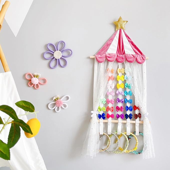 Hair Bows Organizer for Girls, Baby Headbands Hair Accessories Organizer Storage Wall Hanging Decor for Toddler Girls Room Gold Star Canopy Design, White Tulle Curtain Display(Pink)