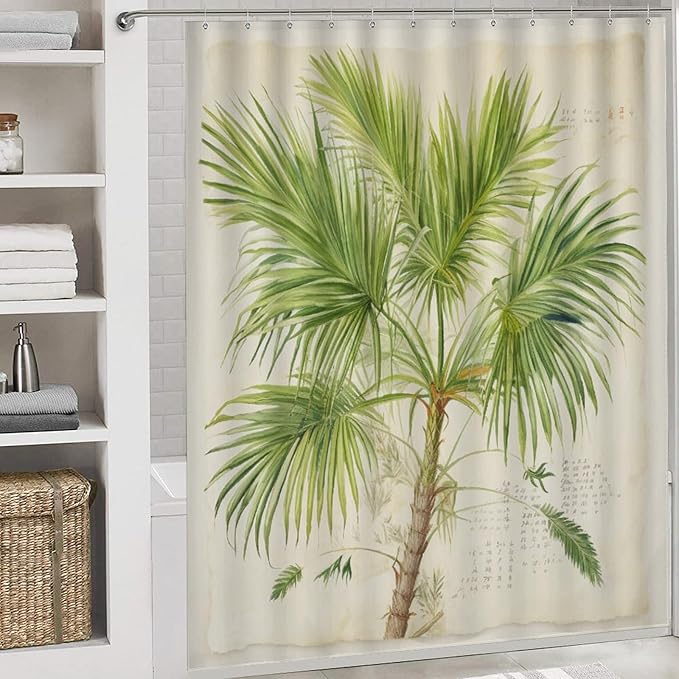 Green Palm Tree 4 Piece Shower Curtain Sets with Rugs Include Waterproof Shower Curtain Non-Slip Rug Toilet Lid Cover Bath Mat Coconut Palm Tree Nature Paradise Plants Waterproof Bath Curtain