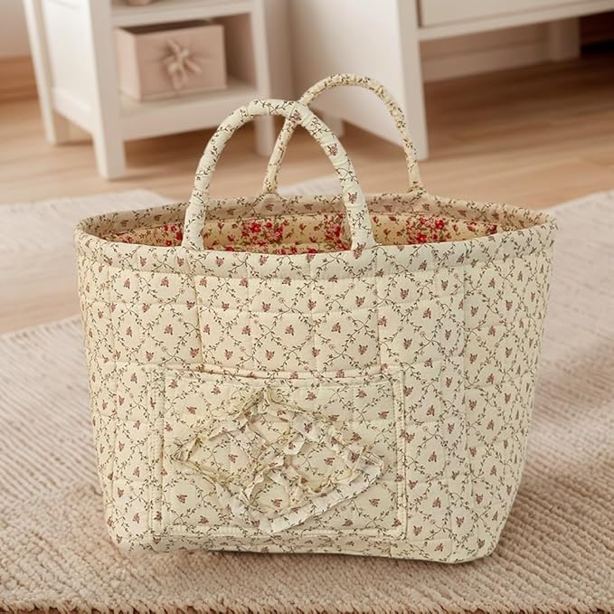 JQWYGB Foldable Laundry Basket Boho Bear Storage Basket Floral Quilted Fabric Car Storage Basket Handles Large Laundry Baskets for Clothes and Dolls