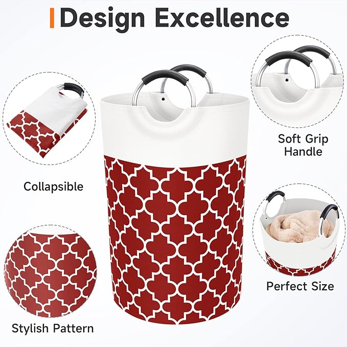Large Laundry Basket Laundry Hamper Bag Washing Bin Clothes Bag Collapsible Tall with Handles Waterproof Travel Bathroom College Essentials Storage for College Dorm, Family (Red) 75L