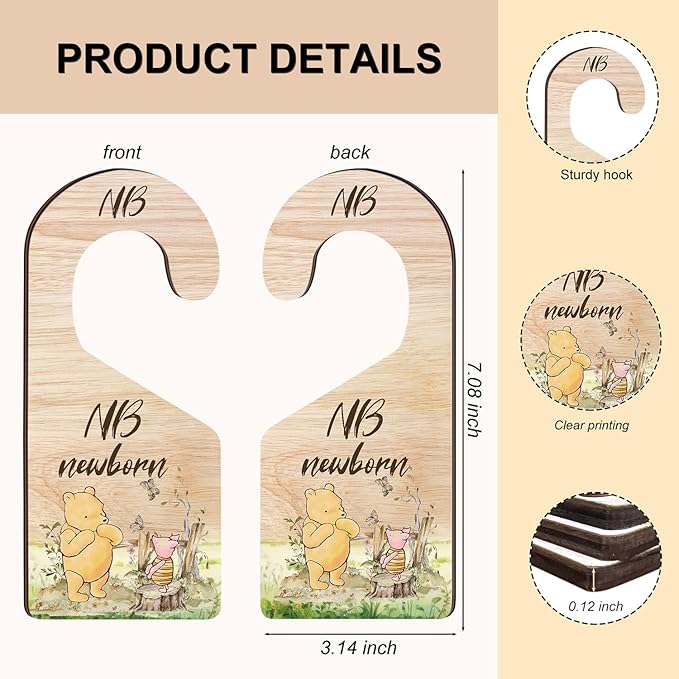 8PCS Classic Winnie Baby Closet Dividers for Newborn, the Pooh Baby Nursery Decor Wooden Hanger, Winnie Clothes Dividers for Closet, Double-Sided Printing