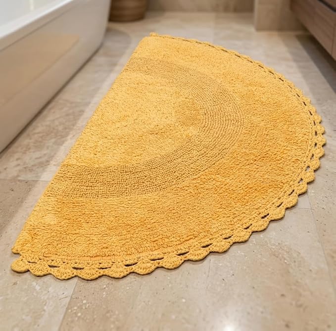 Half Circle Bohemian Bathroom Rug with Handwoven Chrochet Border, Beautifully Handcrafted 100% Cotton Mat - 22x42", Round Boho Bedroom Rug, Boho Bathroom Décor, Machine Washable - Honey Mustard
