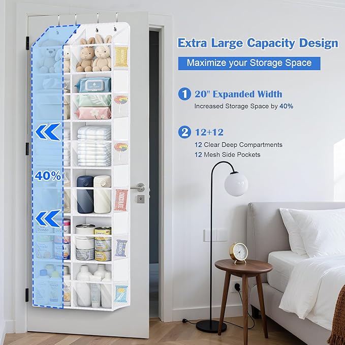 Univivi Over the Door Organizer, 6 Tiers Behind Door Storage with Clear Deep Pockets Hanging Organizer for Closet, Bedroom, Nursery, Bathroom and Sundries (White)