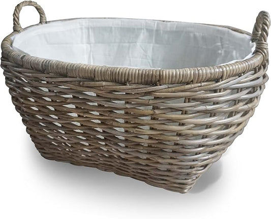 The Basket Lady Oval Kubu Wicker Laundry Basket, 25 in L x 19 in W x 14 in H, Serene Grey