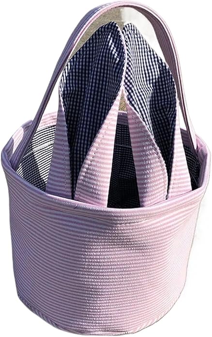 Personalized Seersucker Easter Basket with Gingham Bunny Ears - Custom Embroidered Canvas Basket