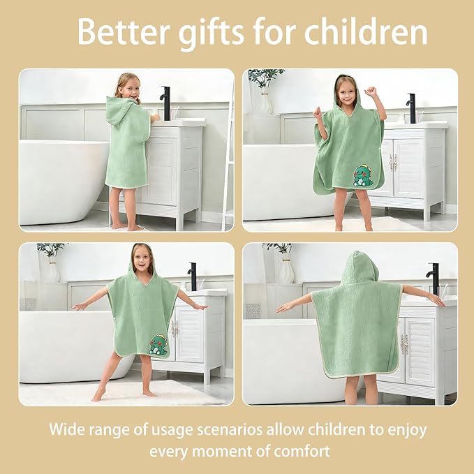 Hooded Towel for Kids 100% Cotton Bath Towel Toddler Beach Essentials with Animal Design 2-6Years (Green, Small)
