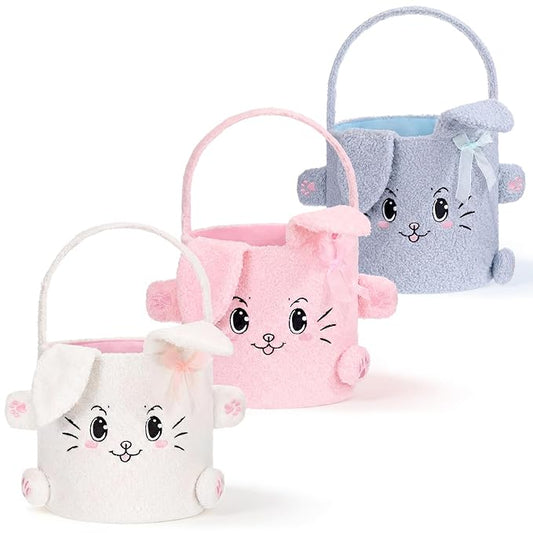 Mimorou 3 Pack Plush Bunny Easter Basket Sherpa Easter Bucket with Rabbit Ears Decorative Bow Large Bunny Tote Bags Ideal for Egg Hunt, Party Favors, Decorations & Storage(White Pink and Blue)