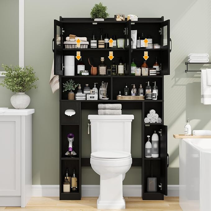 Over The Toilet Cabinet,Farmhouse Toilet Cabinet Rack with 3 Acrylic Doors and Adjustable Storage Shelf,Space Saving Bathroom Organizer with Toilet Paper Holder Stand for Restroom, Laundry，Black