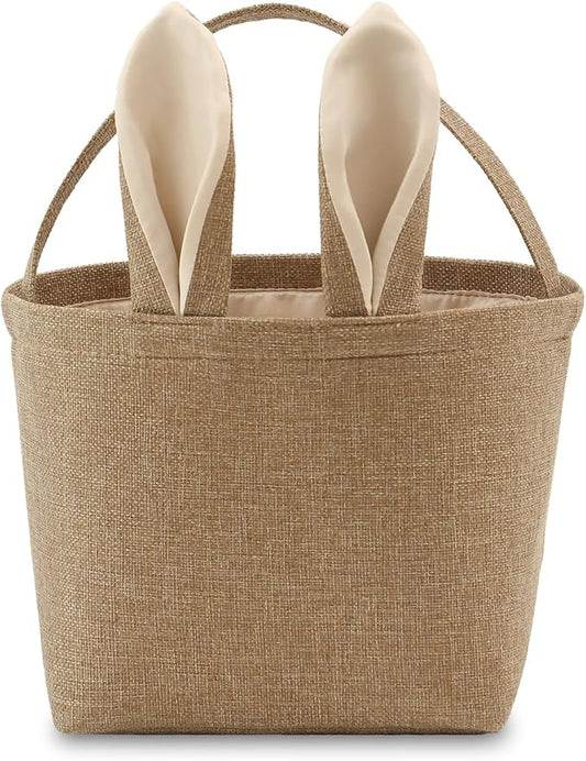 Easter Bunny Basket for Kids,Cute Easter Bucket Bags with Rabbit Ears for Easter Eggs Hunting,Easter Decorations,Candy Gifts Storage (Linen)