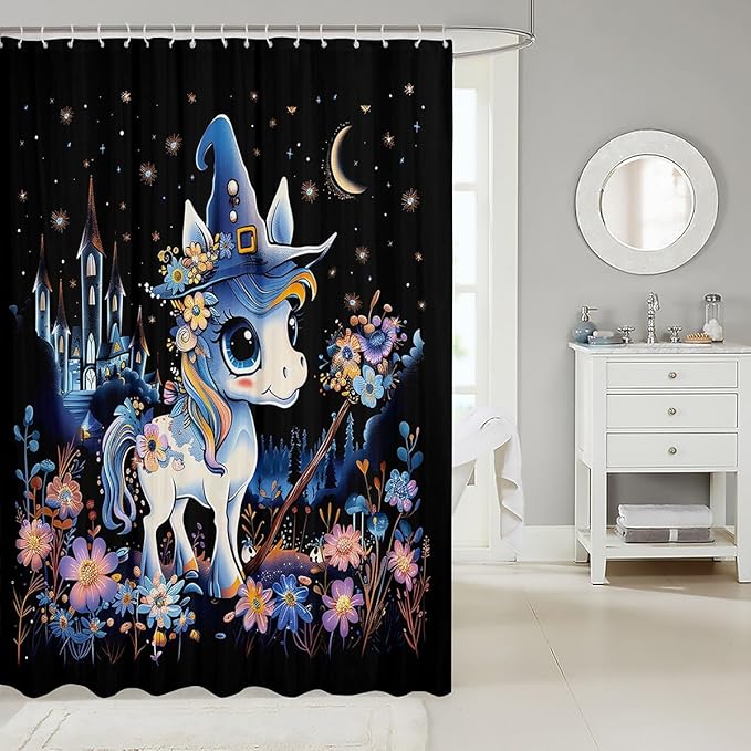 Halloween Theme Moon Animals Shower Curtain,Mysterious Castle Flower Decorative Bath Curtain,Cute Unicorn Hat Home Bathroom Decor Polyester Fabric Waterproof 72 x 84 Inches
