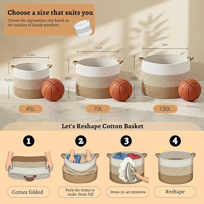 Large Natural Woven Blanket Basket, 70L Boho Decorative Cotton Rope Basket for Blankets Pillows and Toddler Toy Storage, Rope Blanket Storage for Living Room, Laundry, Nursery (Brown)