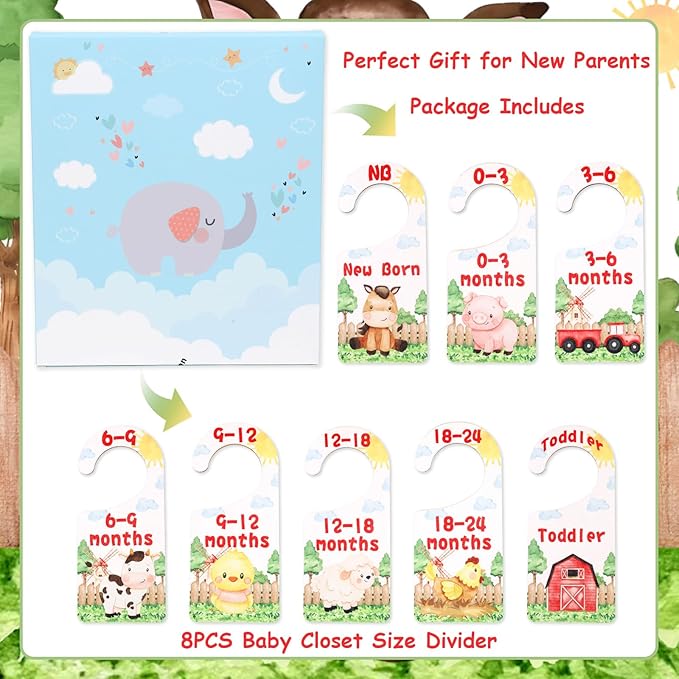 Baby Closet Dividers 8PCS, Farm Animal Theme Wooden Double-Sided Clothes Size Hanger Organizer from Newborn to Toddler for Nursery Decor Baby Shower Birthday Gift (Includes Gift Box)