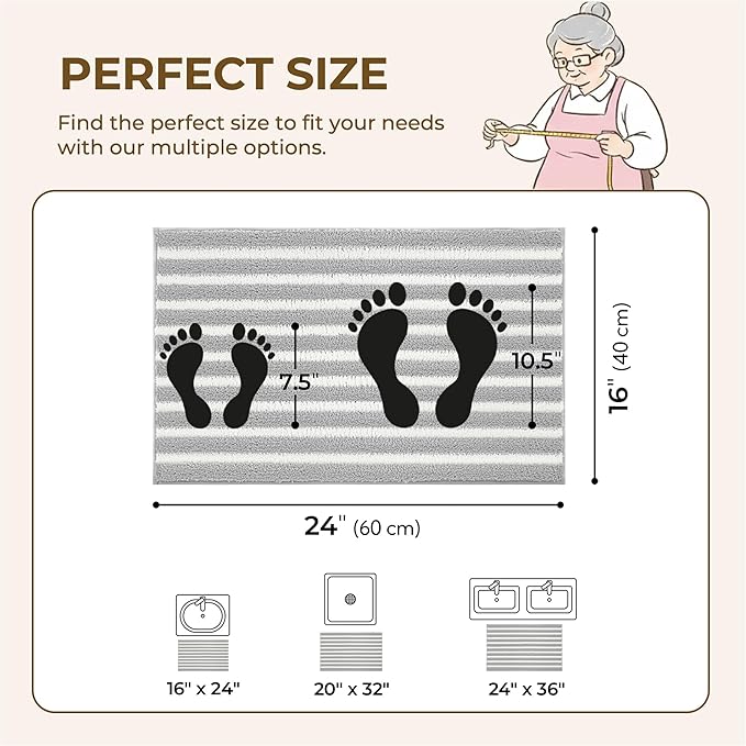 GRANNY SAYS Striped Bathroom Rugs Non Slip, 16" x 24", Bath Rugs for Bathroom Washable, Bath Mats for Floor, Microfiber Bath Mat for Tub, Absorbent Bath Rugs for Shower Room, Grey