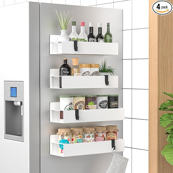 4 Pack Magnetic Spice Storage Rack Organizer for Refrigerator and Oven, White Fridge Organizers and Storage