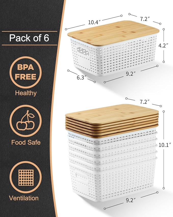 Plastic Storage Baskets with Bamboo Lids for Pantry Organization and Storage Containers Bins for Shelves Drawers Desktop Closet Playroom Classroom Office Home, 6 Pack,White