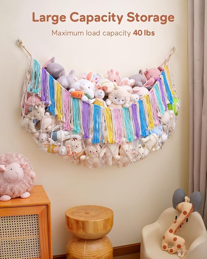 Stuffed Animal Hammock Net with Lights - Xlarge Wall Hanging Stuffed Animal Storage for Plushie Toys and Teddy Bears,Boho Stuffy Hammock for Kids Bedrooms Playroom Nursery