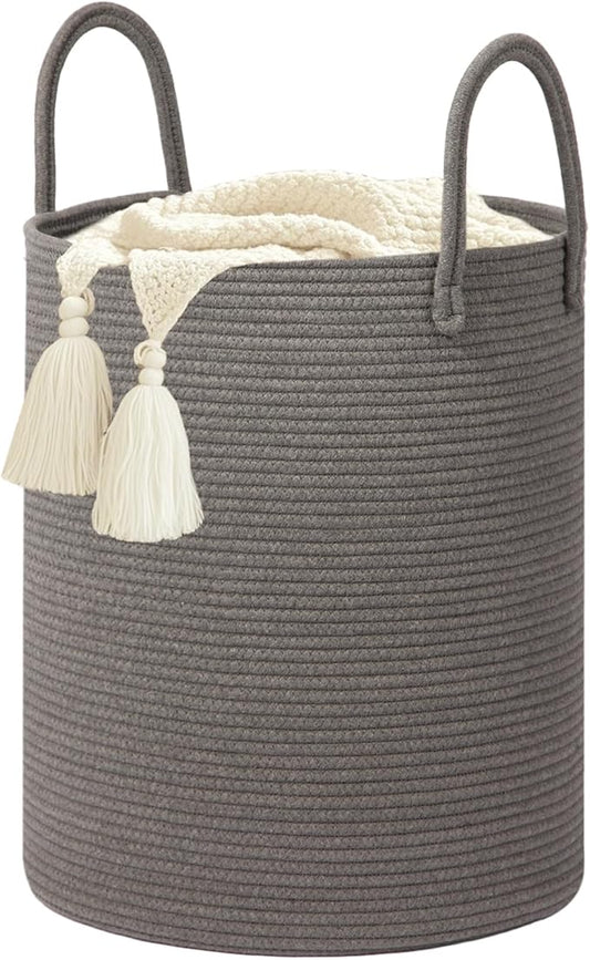 Large Woven Laundry Basket Hamper,60L Cotton Rope Storage Basket for Blankets in living room,Decorative Tall Nursery Hamper for Toys and Clothes,Baby Basket,Dark Grey