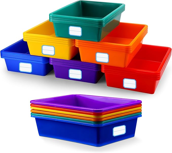 Hoolerry 24 Pcs Plastic Cubby Storage Bins Classroom Cubby Organization with Self Adhesive Labels Bin Small Stackable Storage Containers Toy Book Box for School(14 x 10 x 3 Inch,Colorful)