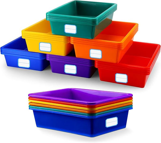 Hoolerry 24 Pcs Plastic Cubby Storage Bins Classroom Cubby Organization with Self Adhesive Labels Bin Small Stackable Storage Containers Toy Book Box for School(14 x 10 x 3 Inch,Colorful)