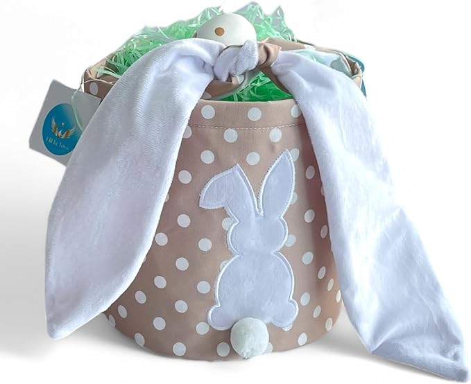 Easter Bunny Basket Bags, Rabbit Bucket Tote for Easter Egg Hunts Decorations Candy Gifts Storage (Pink, Blue, Polka Dots) (Beige Polka Dots)