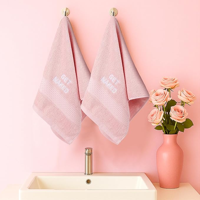 2 Pcs Get Naked Hand Towels 100% Cotton Embroidered Bathroom Pink Towel Modern Decorative Housewarming Gifts, Funny Bathroom Decor 29 x 13 Inch