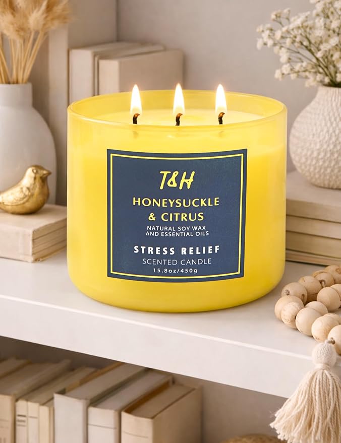 Honeysuckle Citrus 3 Wick Candle for Home Scented | 15.8 oz Large Soy Candle | Lemon Citrus Floral Scented Candle Strong | Aromatherapy Stress Relief Relaxation Candles | Gift for Women & Men