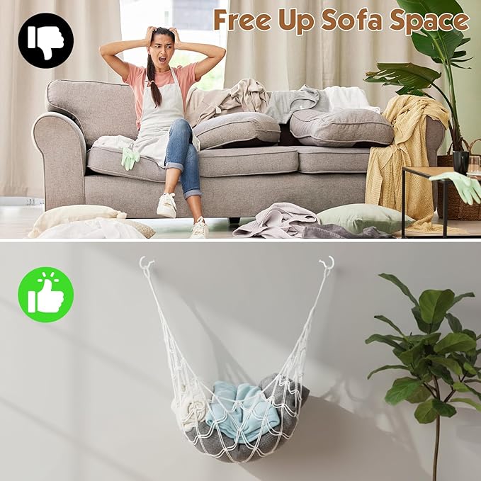 Photect 1 PC Wall Blanket Holder Large Plush Net Wall Mounted Blanket Storage Hanging Toy Hammock Organizer for Living Bedroom Huge Capacity